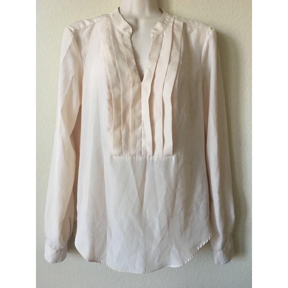 ECI New York Beige Tuxedo Pleated Notch Neck Long Sleeve Women's Blouse Size S